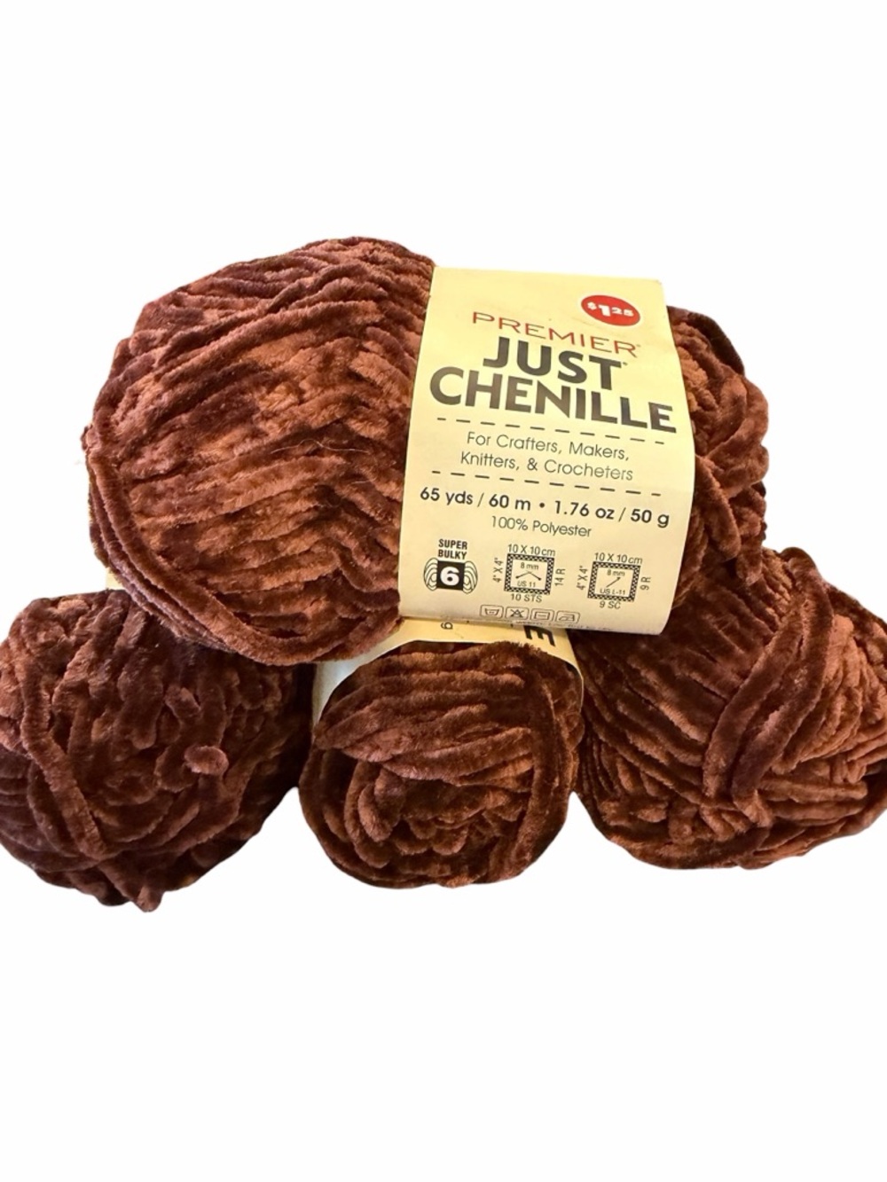 Lot Of 4 Just Chenille Premier Yarn Cocoa Brown Super Bulky 6 NEW Soft!